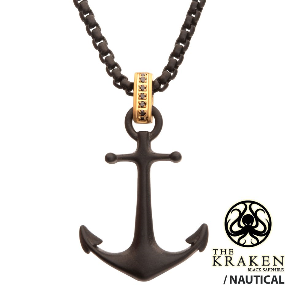 Mens Black IP Kraken Anchor Pendant w/Golden Glint of Black Sapphire Gem Necklace