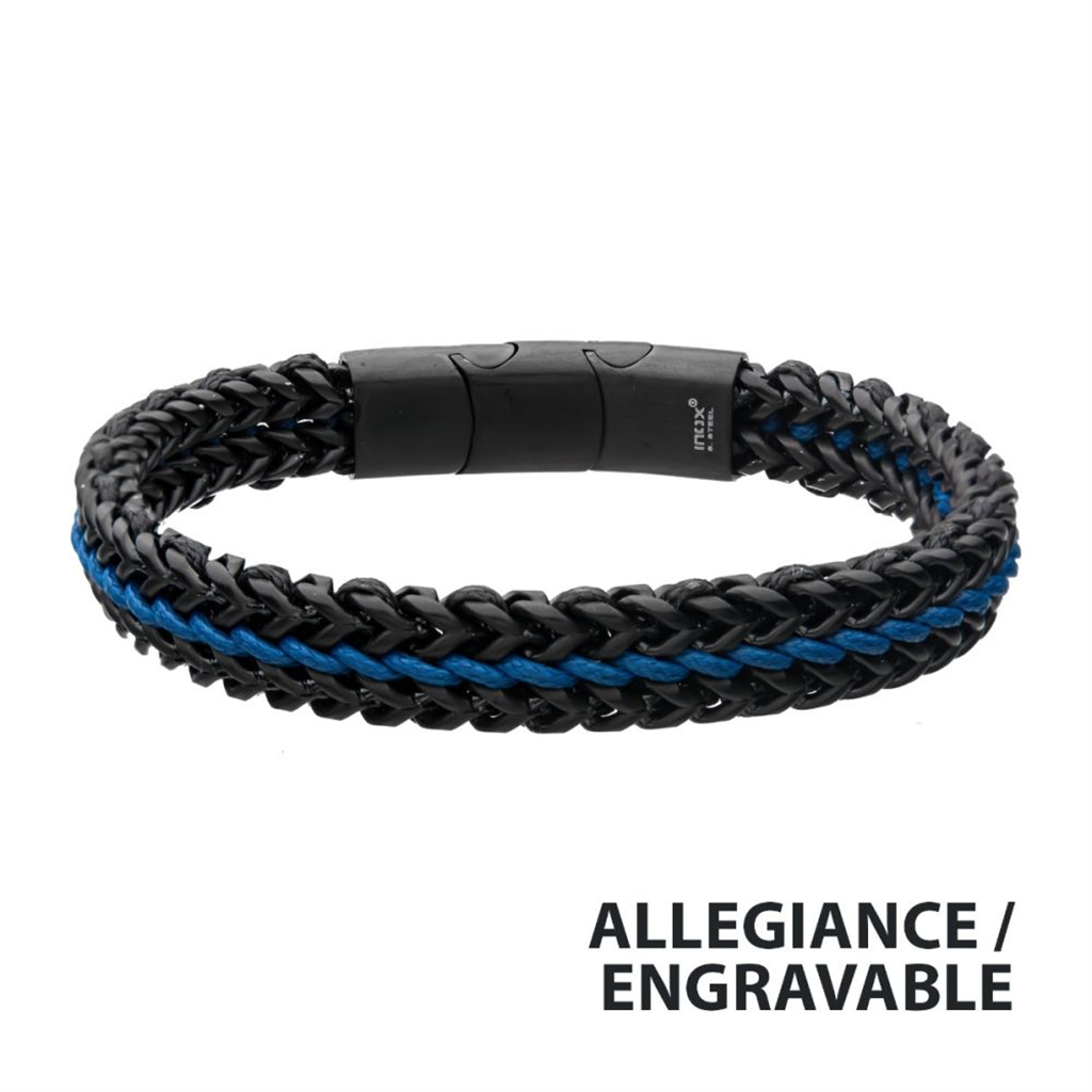 Mens Stainless Steel Foxtail Chain w/Blue Wax Cord Bracelet