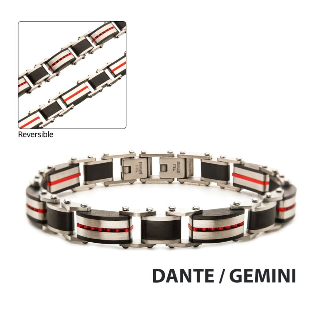 Mens Stainless Steel Black & Red Link w/Clasp Bracelet