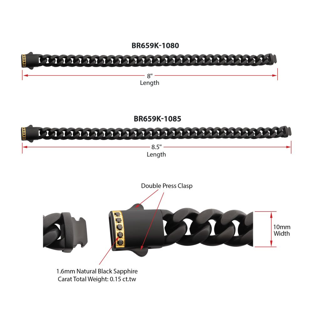 Mens Black IP Steel Cuban Chain w/Black Sapphire Gem Bracelet