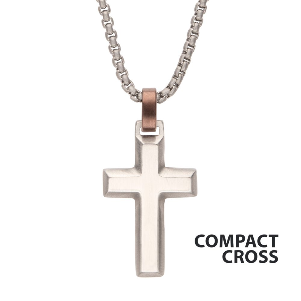 Mens Cross Pendant w/Brown Bail and Bold Box Chain 22"