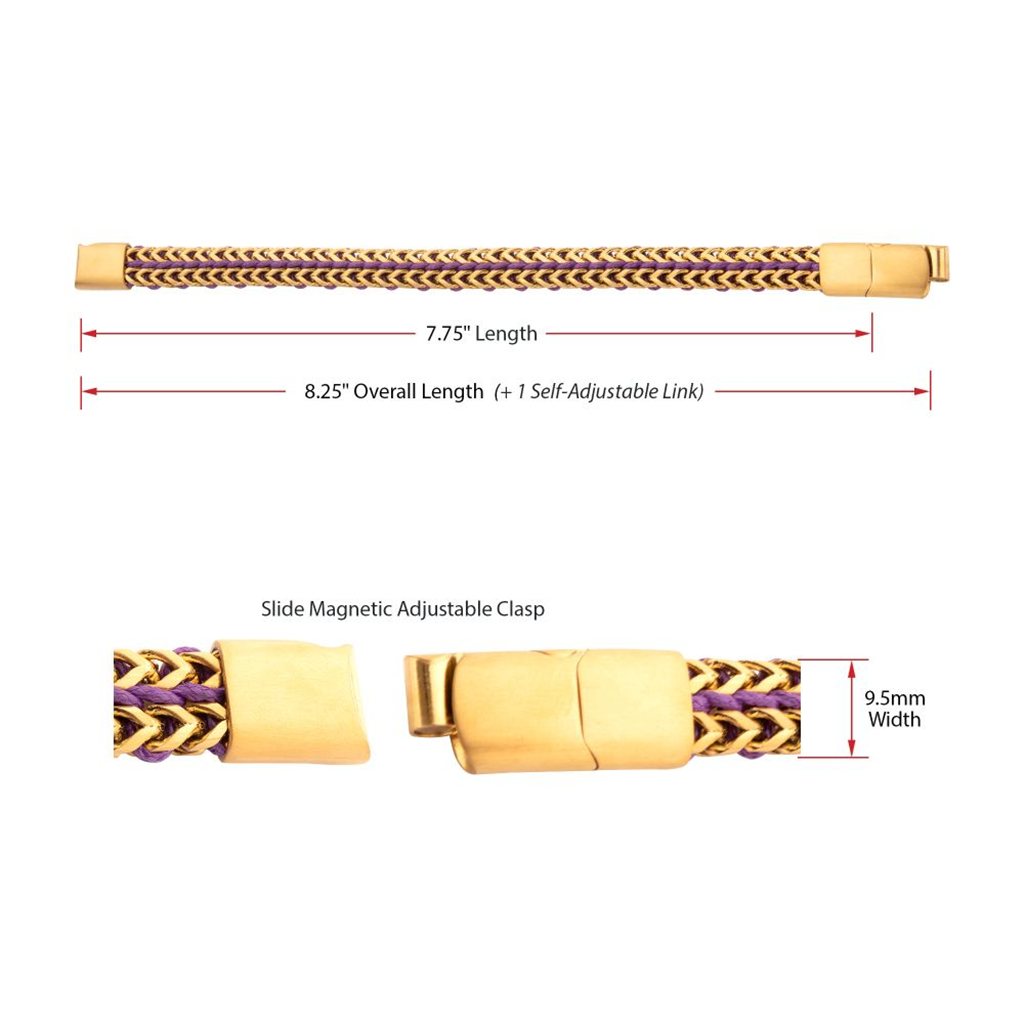 Mens Stainless Steel Foxtail Chain w/Purple Wax Cord Bracelet