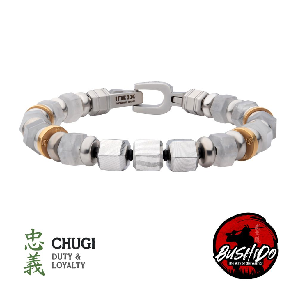 Mens Mokume Gane and White Quartz Bead Bracelet