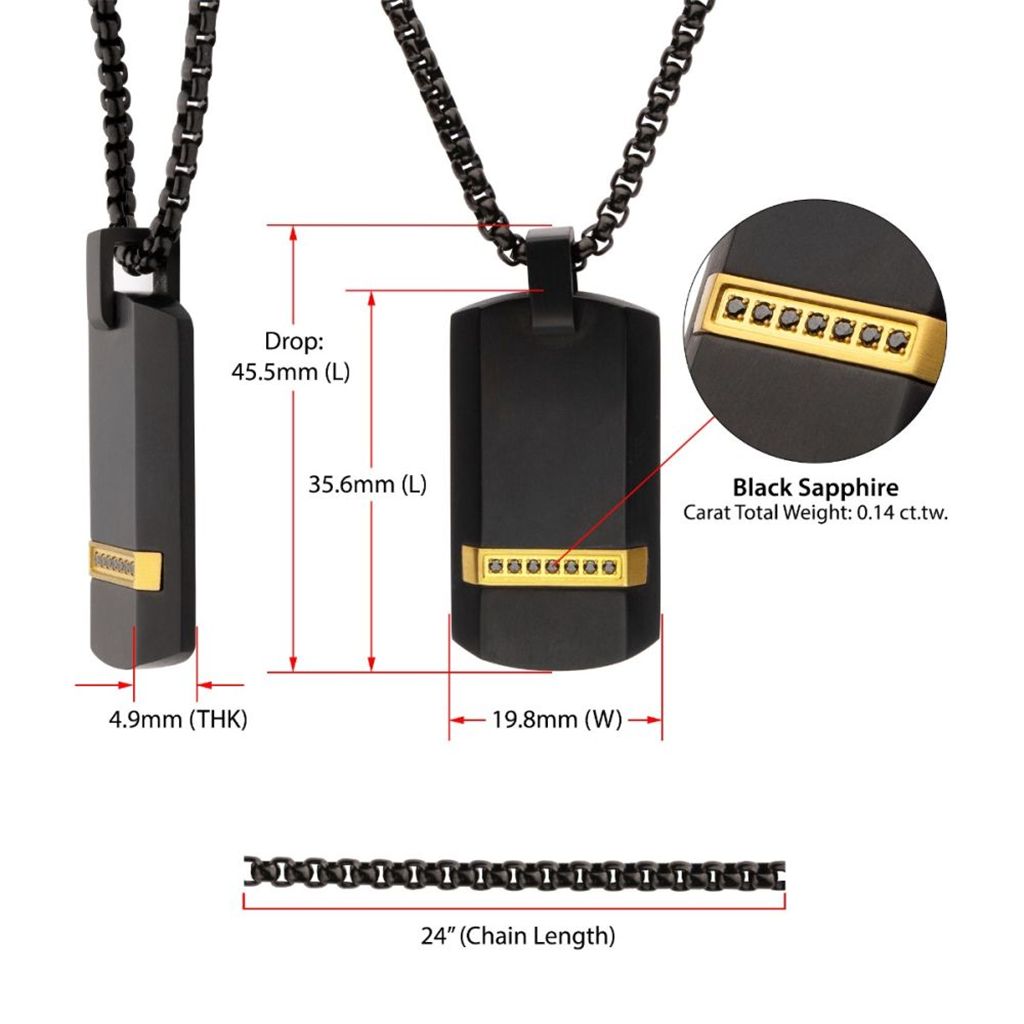 Mens Black IP w/Black Sapphire Gem Dog Tag