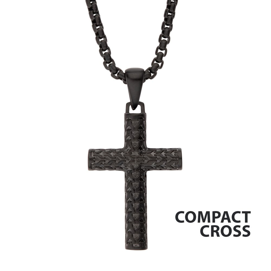 Inox Black IP Matte Finish Steel Scale Cross Drop Pendant