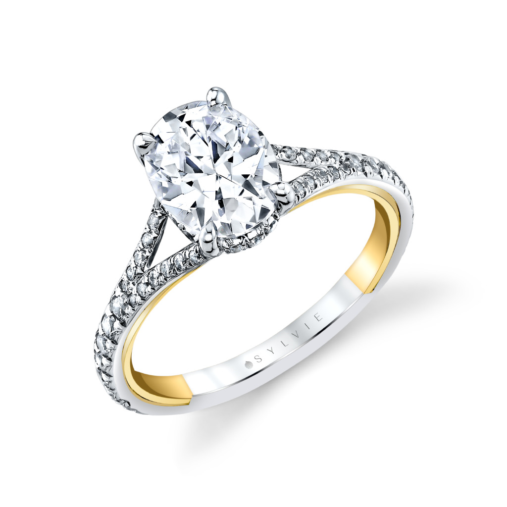 Iconelle Two Tone Shell Taper Hidden Halo Engagement Ring