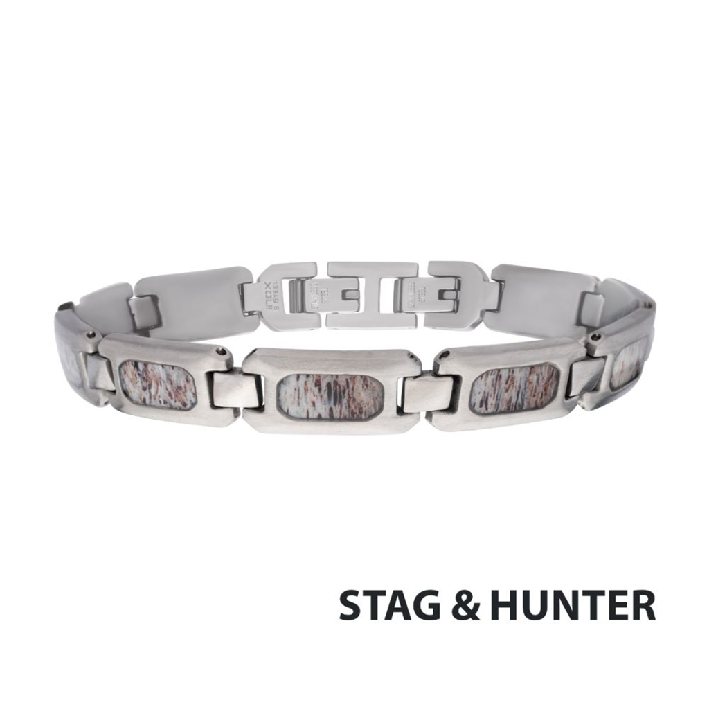 Mens Stainless Steel Deer Antler Inlay Link Bracelet
