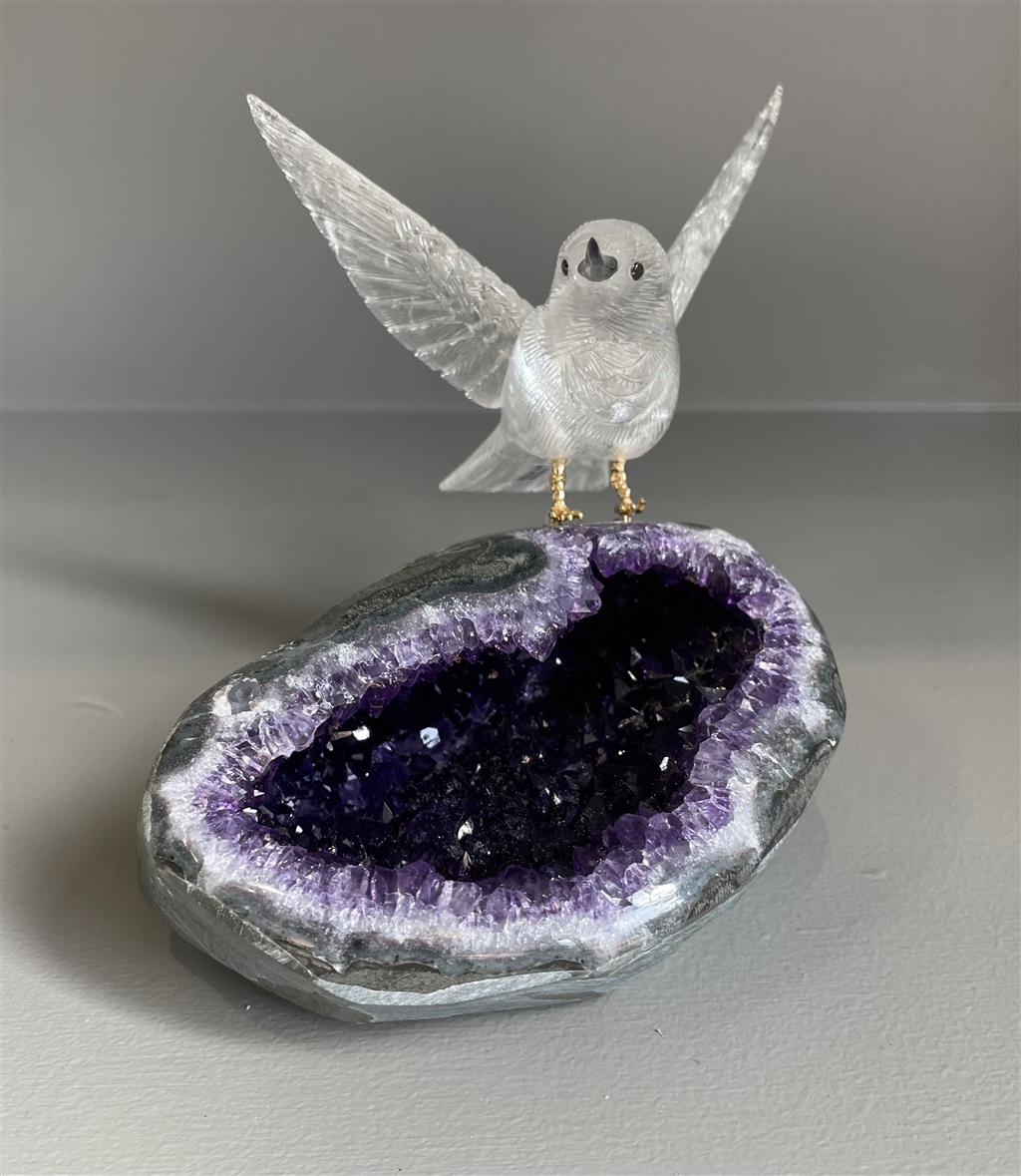 Hand-Carved Rock Crystal Hummingbird on an Amethyst Quartz Geode