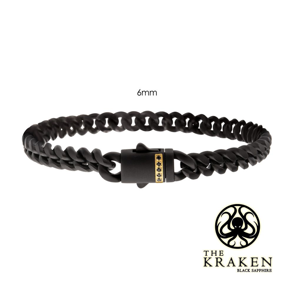 Mens Black IP Steel Cuban Chain w/Black Sapphire Gem Bracelet