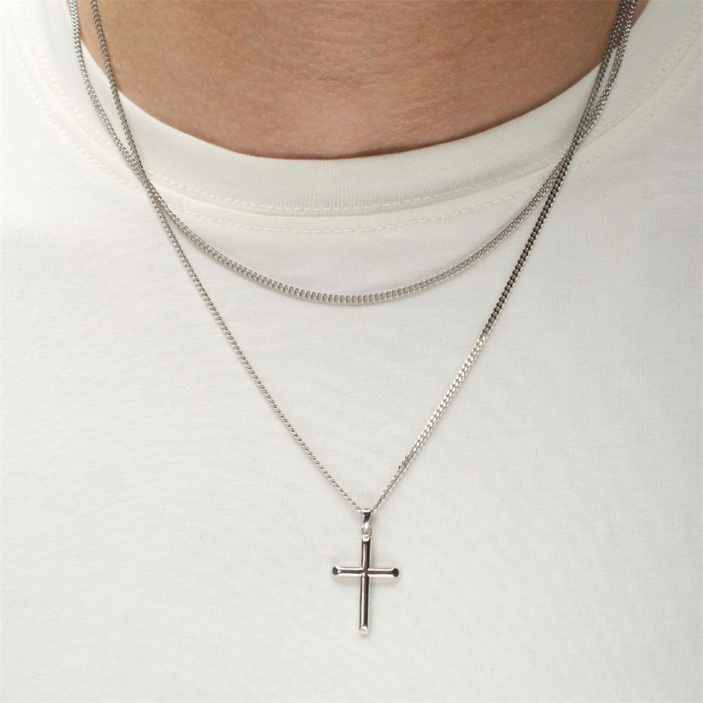 Mens Sterling Silver Cross Pendant 22"