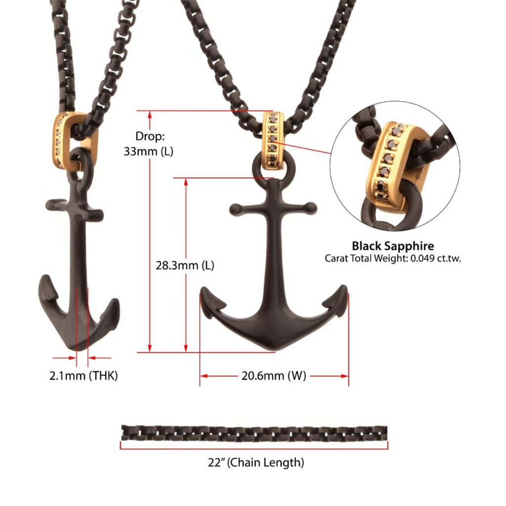 Mens Black IP Kraken Anchor Pendant w/Golden Glint of Black Sapphire Gem Necklace