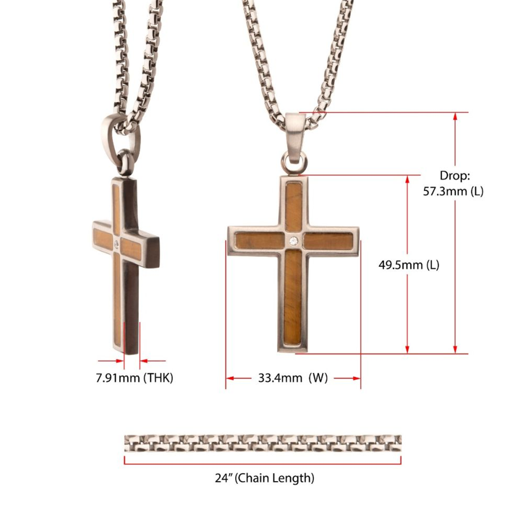 Mens Gun Metal IP Steel Whisket Barrel Wood Inlay w/Cross Pendant Necklace