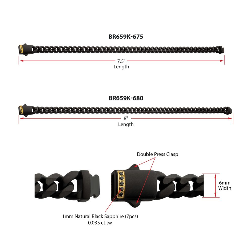 Mens Black IP Steel Cuban Chain w/Black Sapphire Gem Bracelet