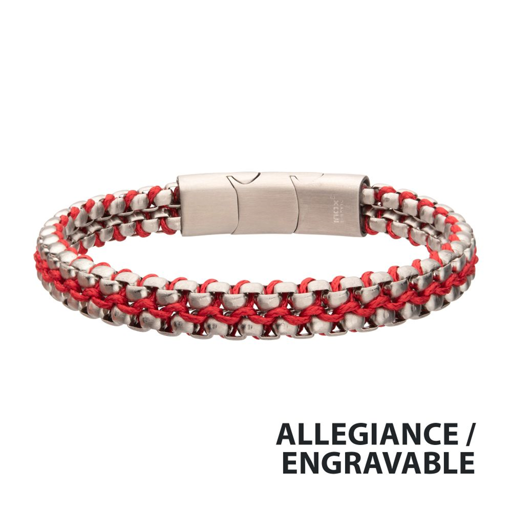Mens Stainless Steel Box Chain w/Red Wax Cord Bracelet