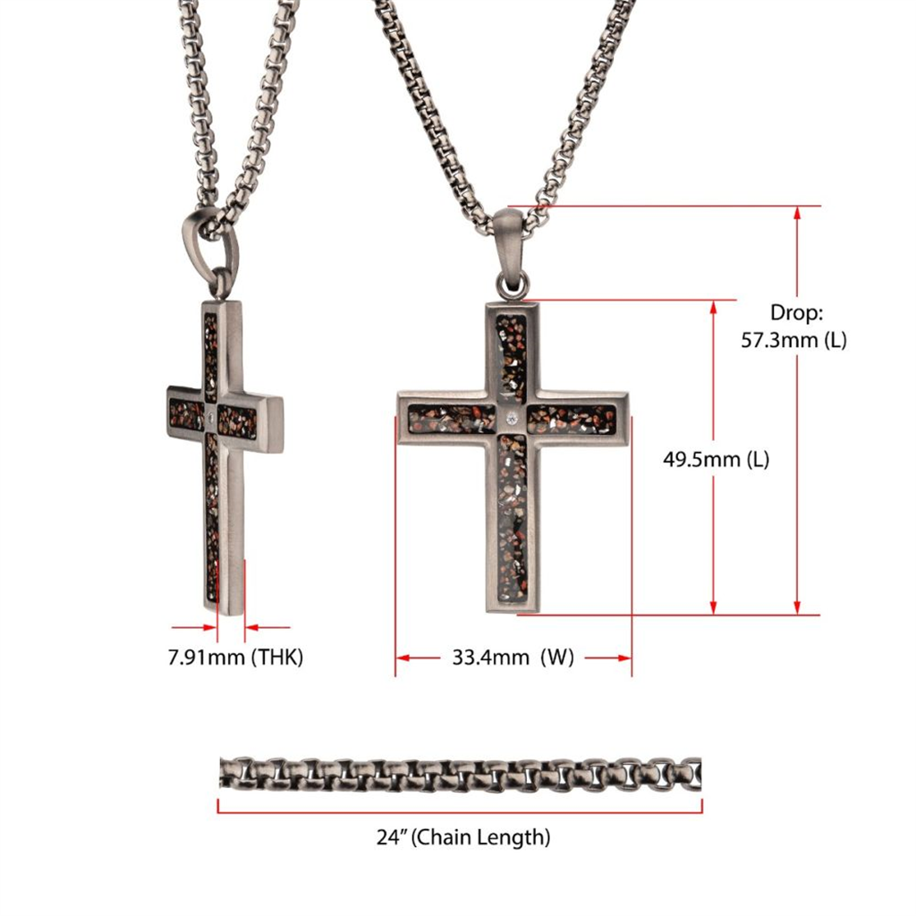 Mens Gun Metal IP Steel Black Dinosaur Bone Inlay Cross Pendant Necklace
