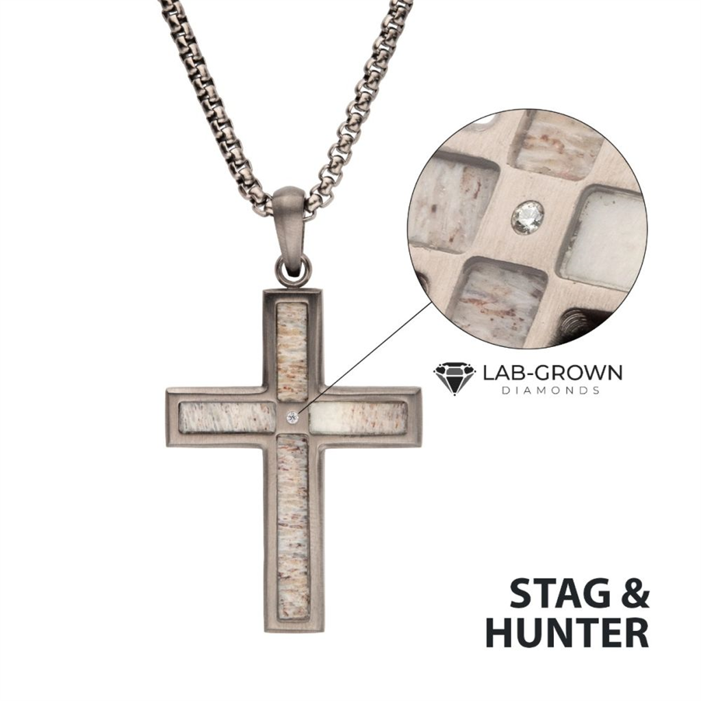 Mens Gun Metal IP Deer Antler Inlay w/Lab Grown Diamond Cross Pendant