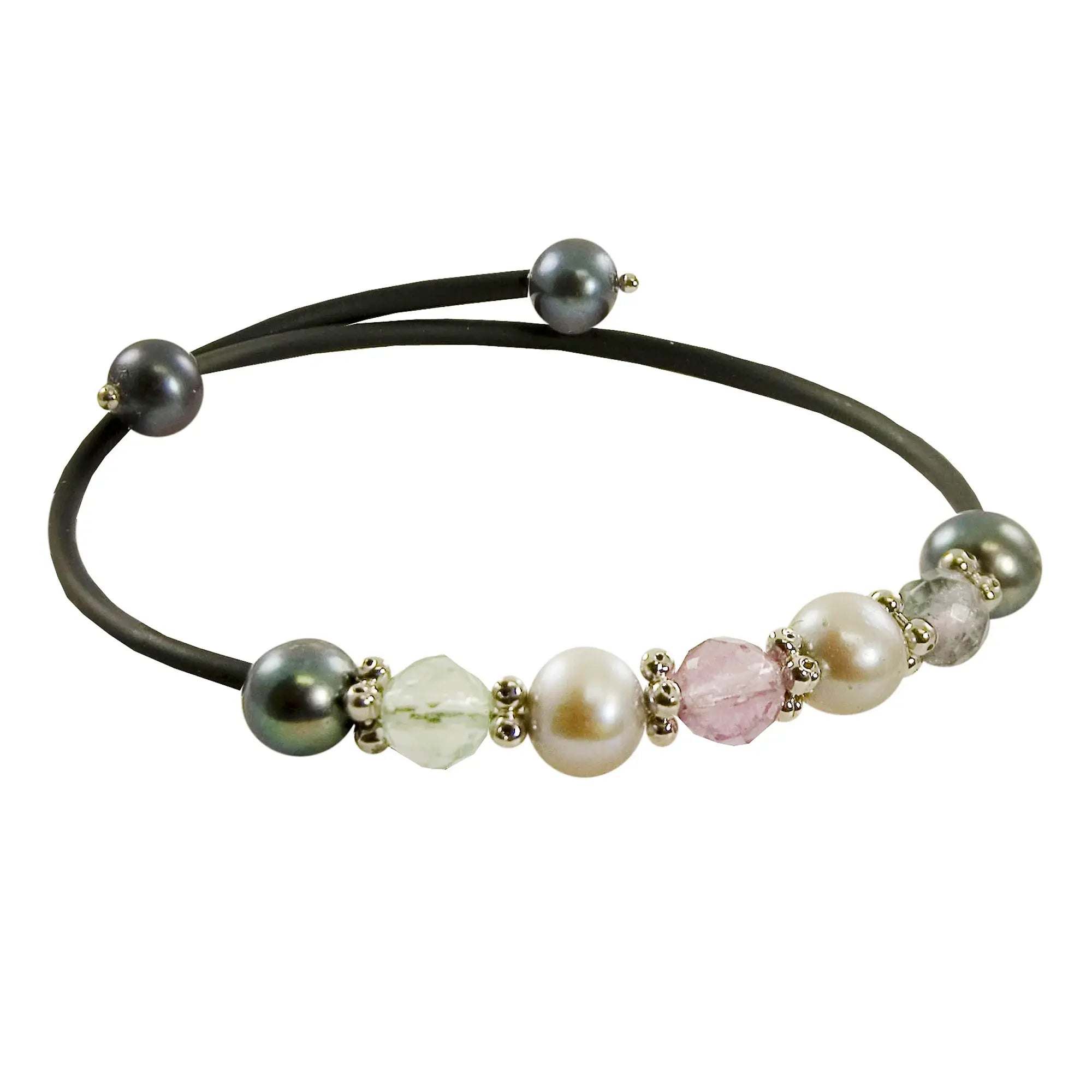 SS DYED GREY & BLK FWP w/PREHNITE & AME RUBBER BANGLE