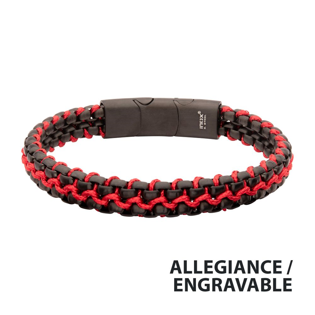 Mens Stainless Steel Box Chain w/Red Wax Cord Bracelet