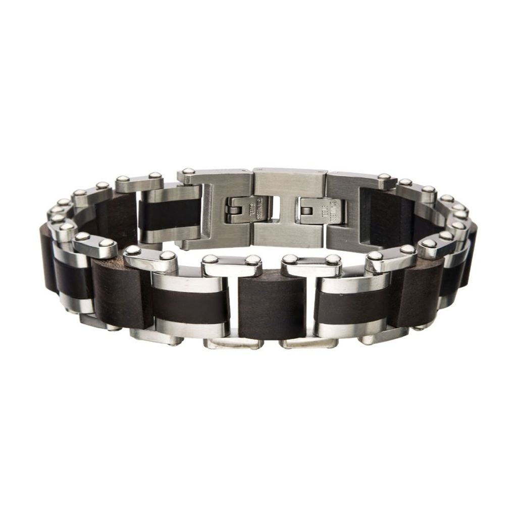 Mens Stainless Steel w/Ebony Wood Link Bracelet