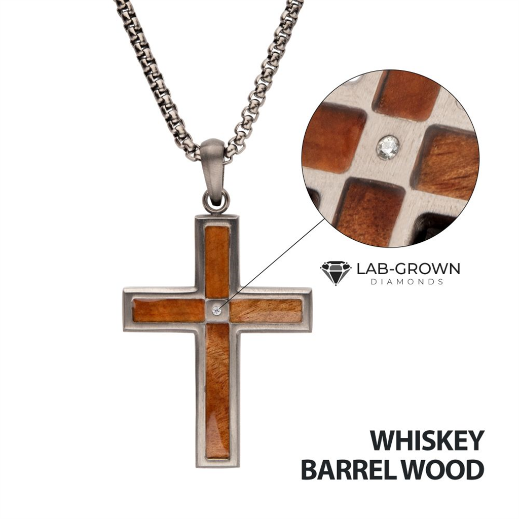 Mens Gun Metal IP Whiskey Barrel Wood Inlay w/Lab Grown Diamond Cross Pendant