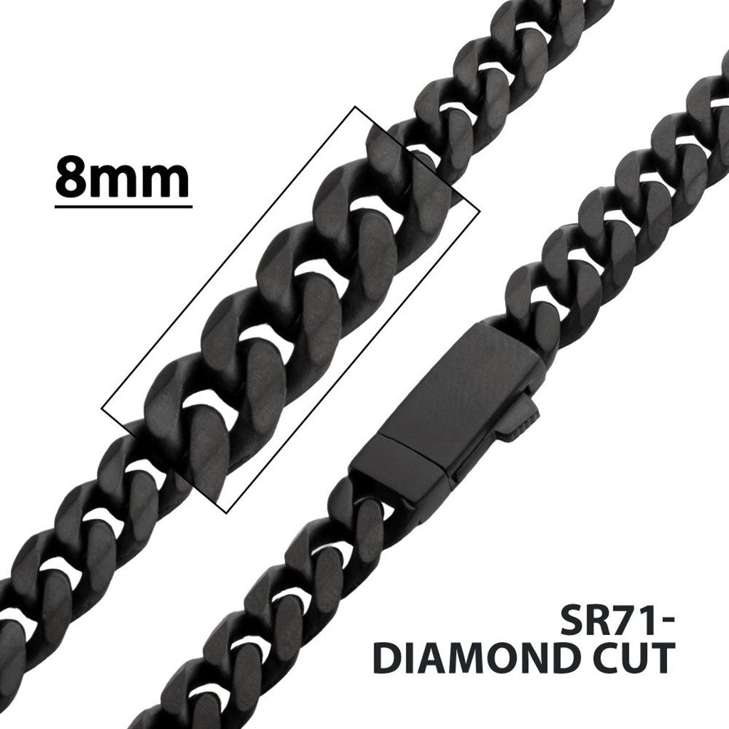 Inox 8mm Black IP Titanium Matte Finish Diamond Cut Cuban Chain Necklace