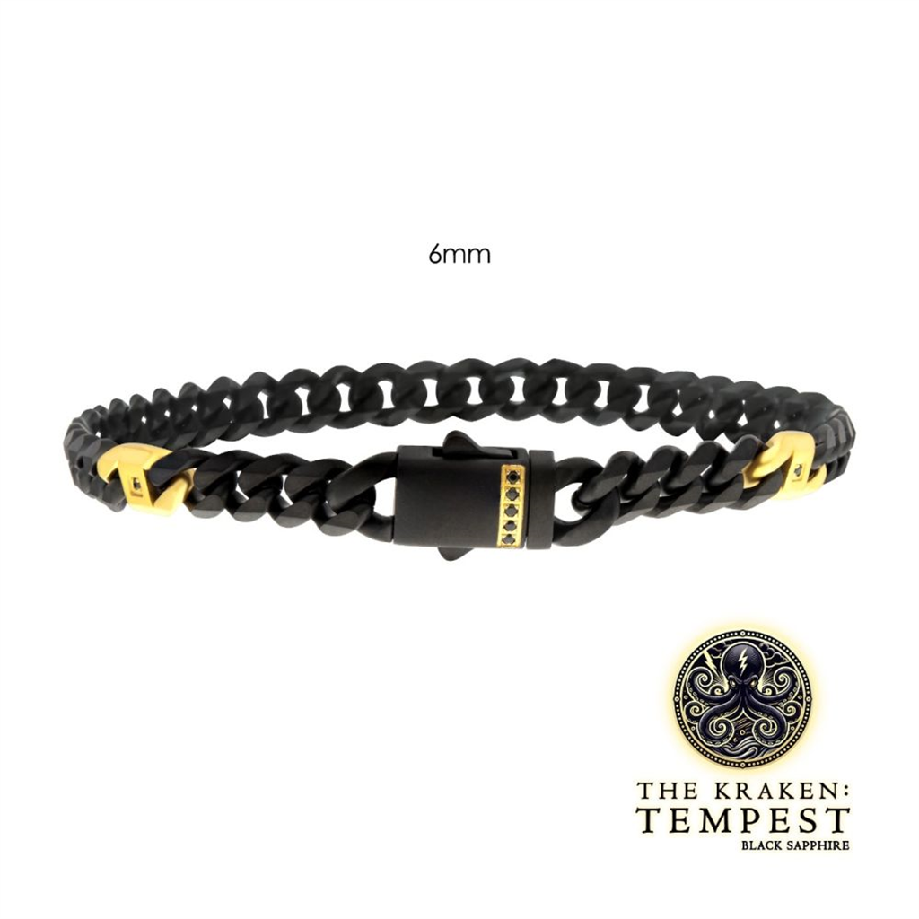 Mens Black IP Cuban Chain Bracelet w/Black Sapphire Gem
