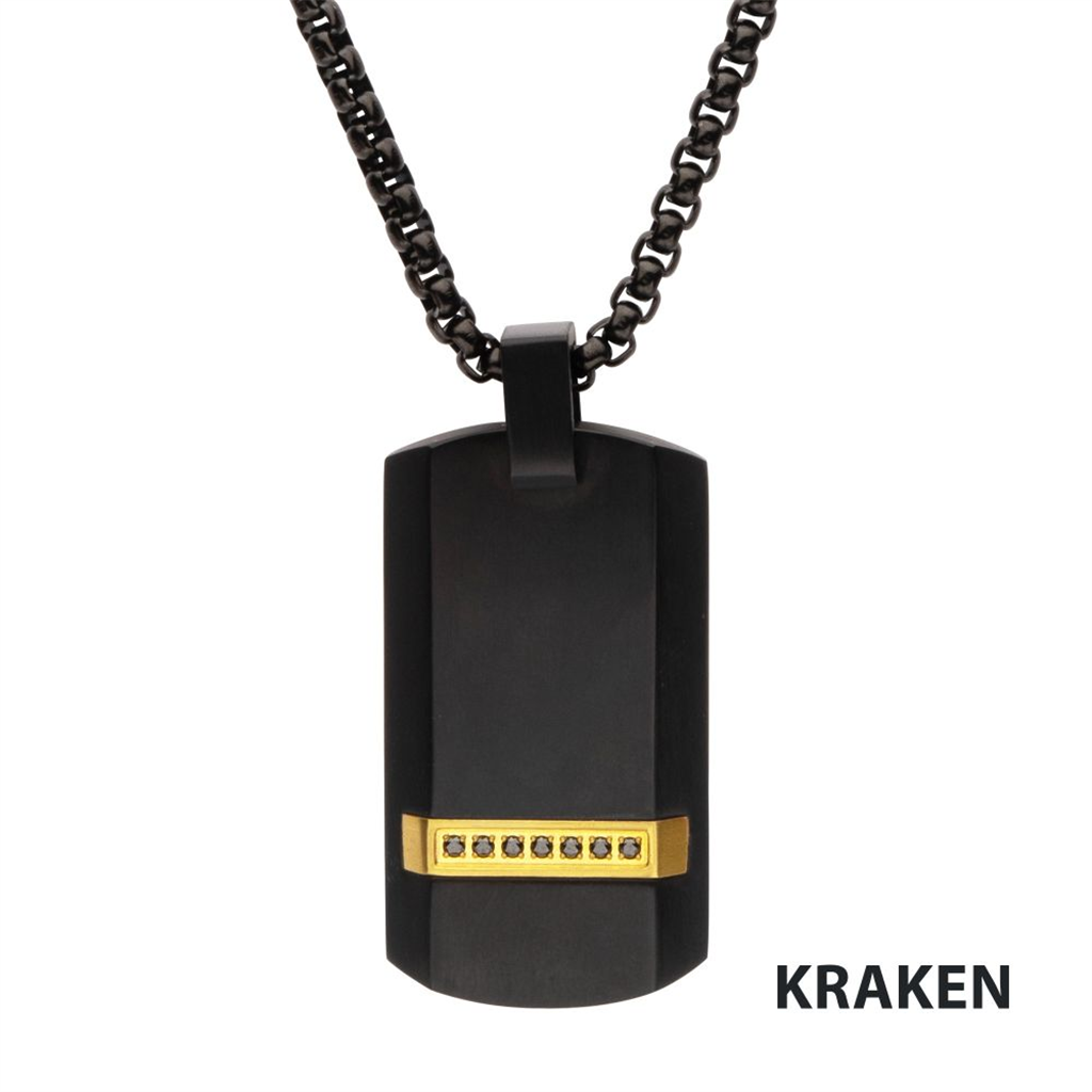 Mens Black IP w/Black Sapphire Gem Dog Tag