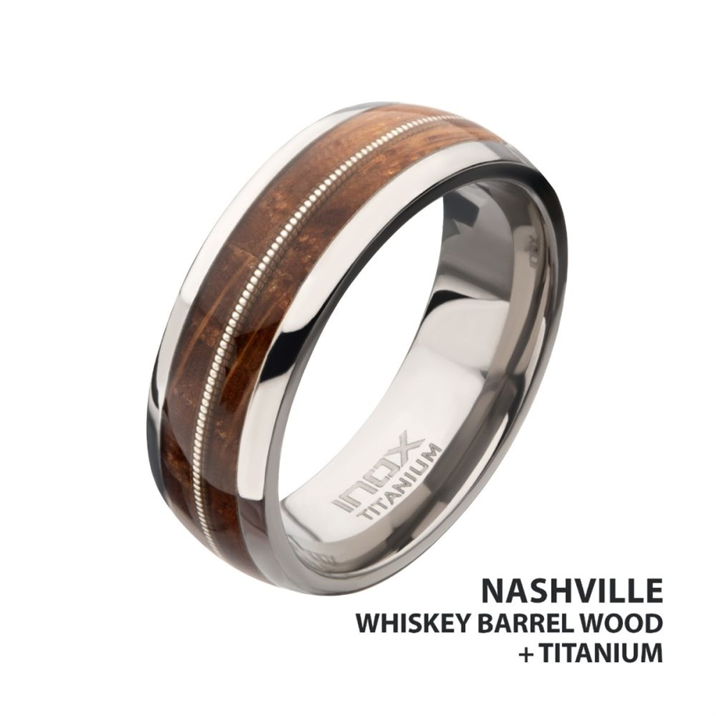 Titanium & Whiskey Barrel Wood Inlay with Embedded Guitar String Comfort Fit Ring