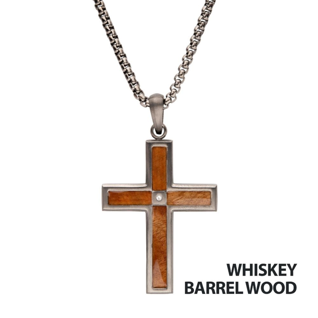 Mens Gun Metal IP Steel Whisket Barrel Wood Inlay w/Cross Pendant Necklace