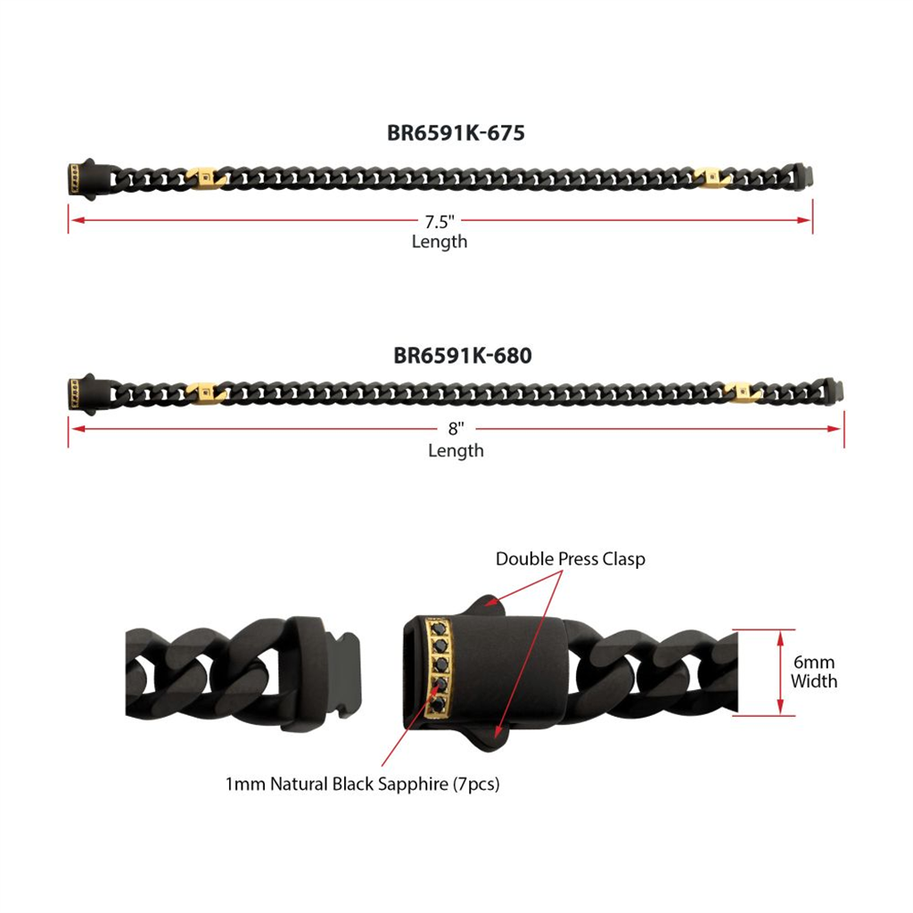 Mens Black IP Cuban Chain Bracelet w/Black Sapphire Gem