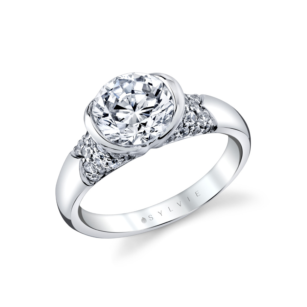 Shell Auranova Half Bezel Pave Engagement Ring with Shell Tip Silhoutettes