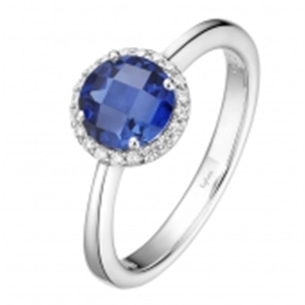 Lab Grown Blue Sapphire Ring with Simulated Diamond Halo