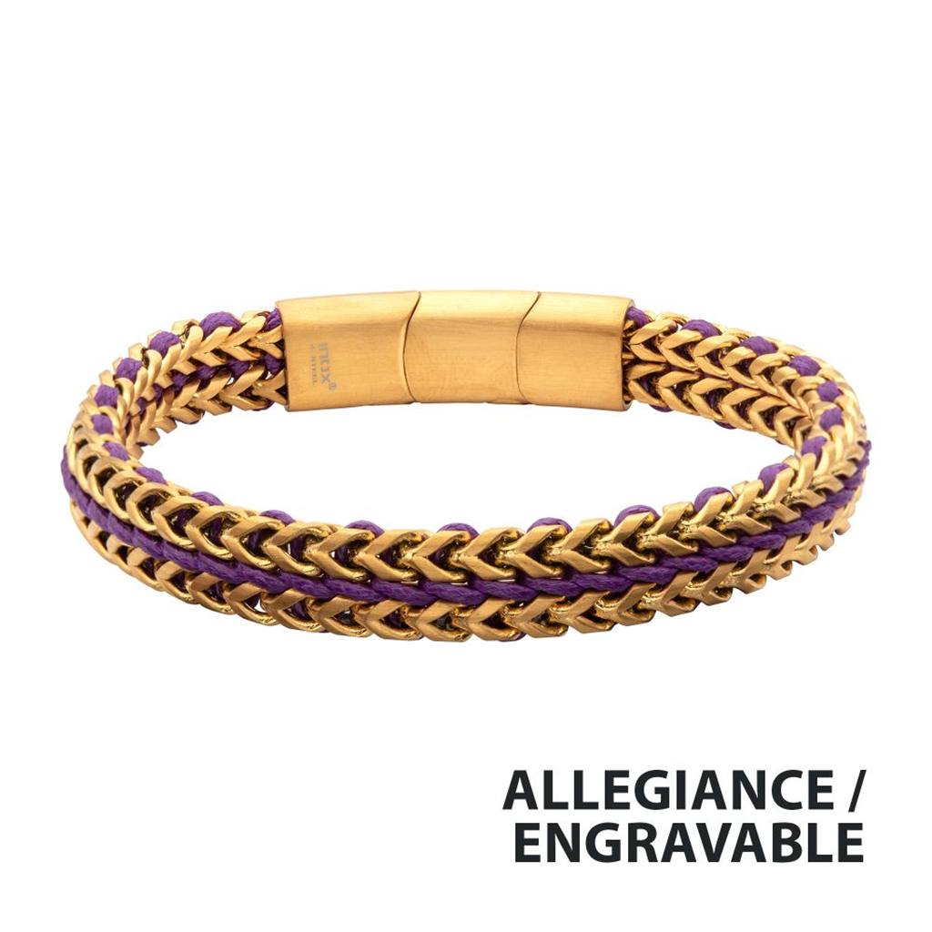Mens Stainless Steel Foxtail Chain w/Purple Wax Cord Bracelet