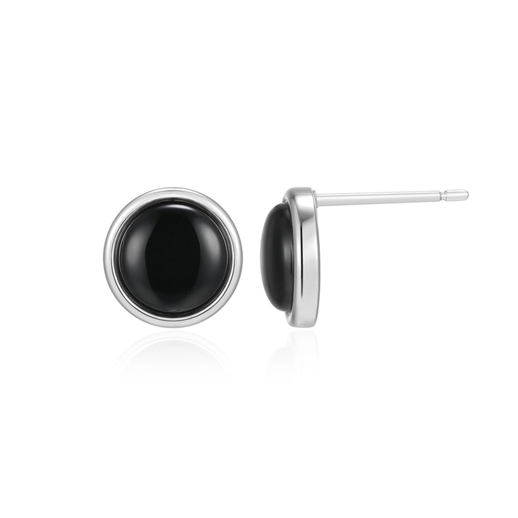 Lustre Button Black Agate Stud Earrings in Rhodium-Plated Sterling Silver