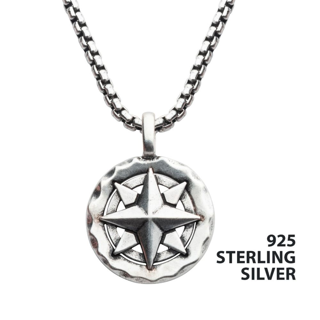 Mens Sterling Silver Compass Pendant w/Chain