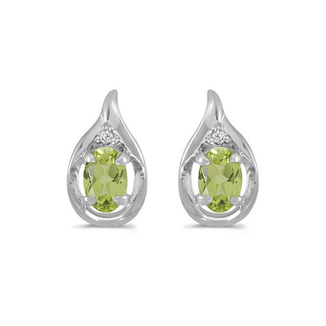 14k White Gold Oval Peridot And Diamond Earrings