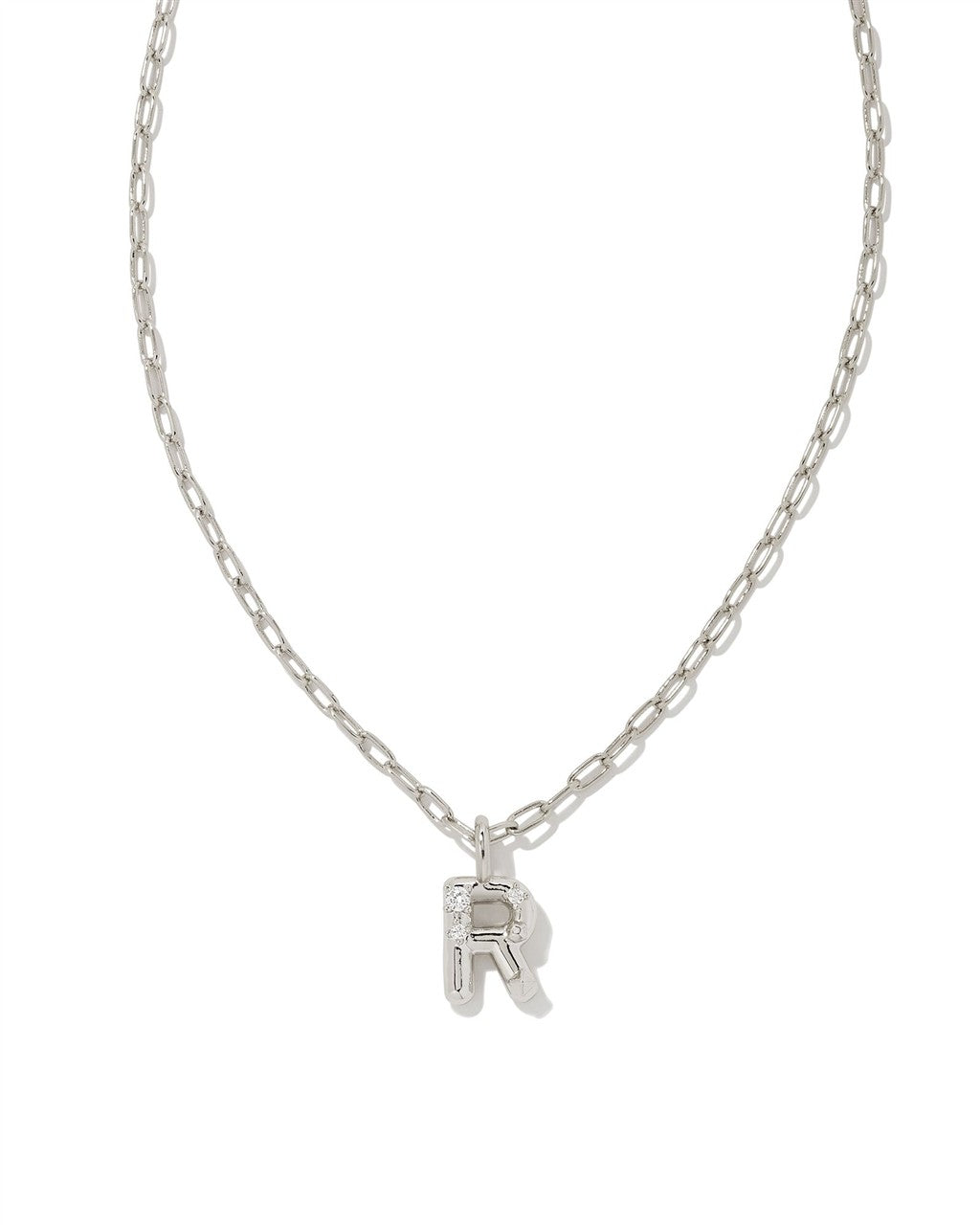 CRYSTAL LETTER R SHORT PENDANT NECKLACE SILVER WHITE CZ