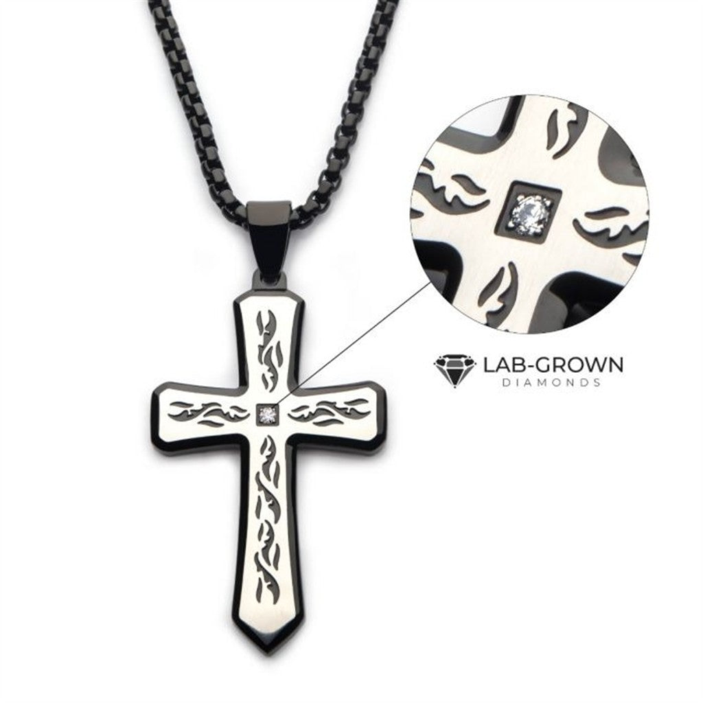 Black IP Tribal Cross Pendant with 2mm Lab-grown Diamond, with 24" Box Chain