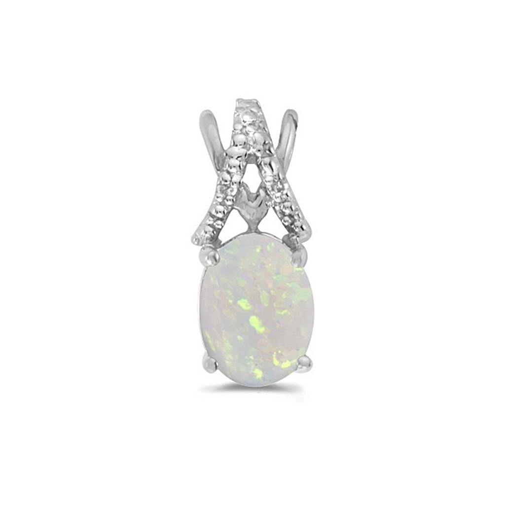 14k White Gold Oval Opal And Diamond Pendant