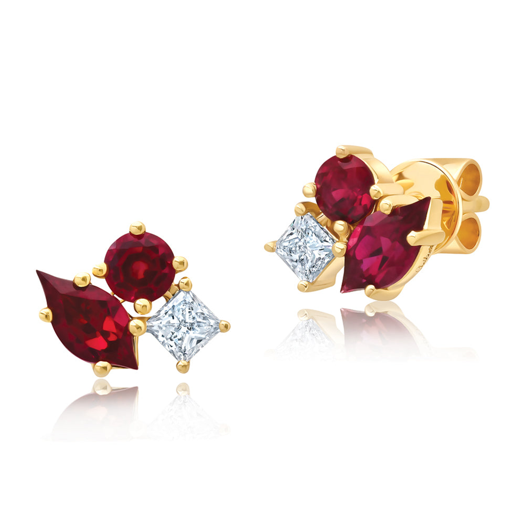 Diamond and Ruby Cluster Stud Earrings