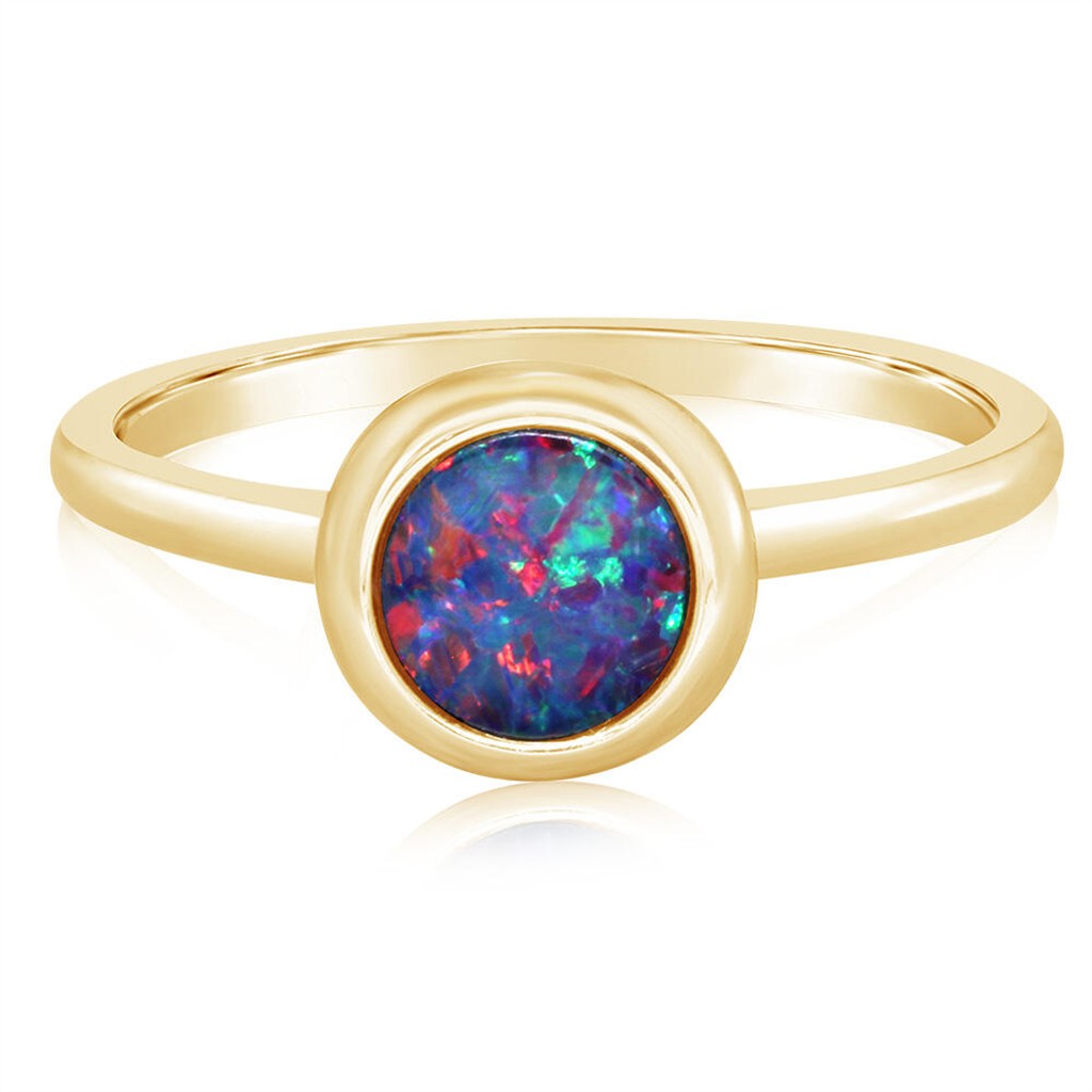 14k Yellow Gold Round Australian Opal Doublet Ring