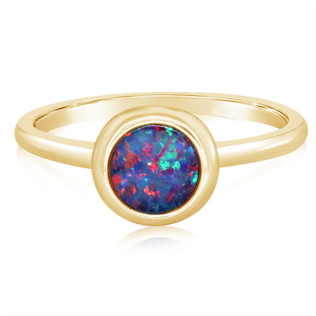 14k Yellow Gold Round Australian Opal Doublet Ring