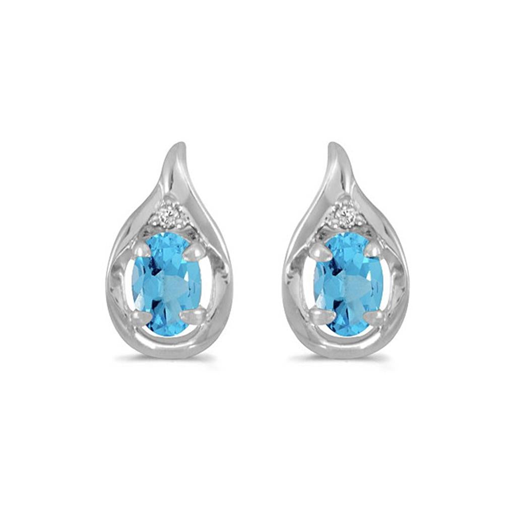 14k White Gold Oval Blue Topaz And Diamond Earrings