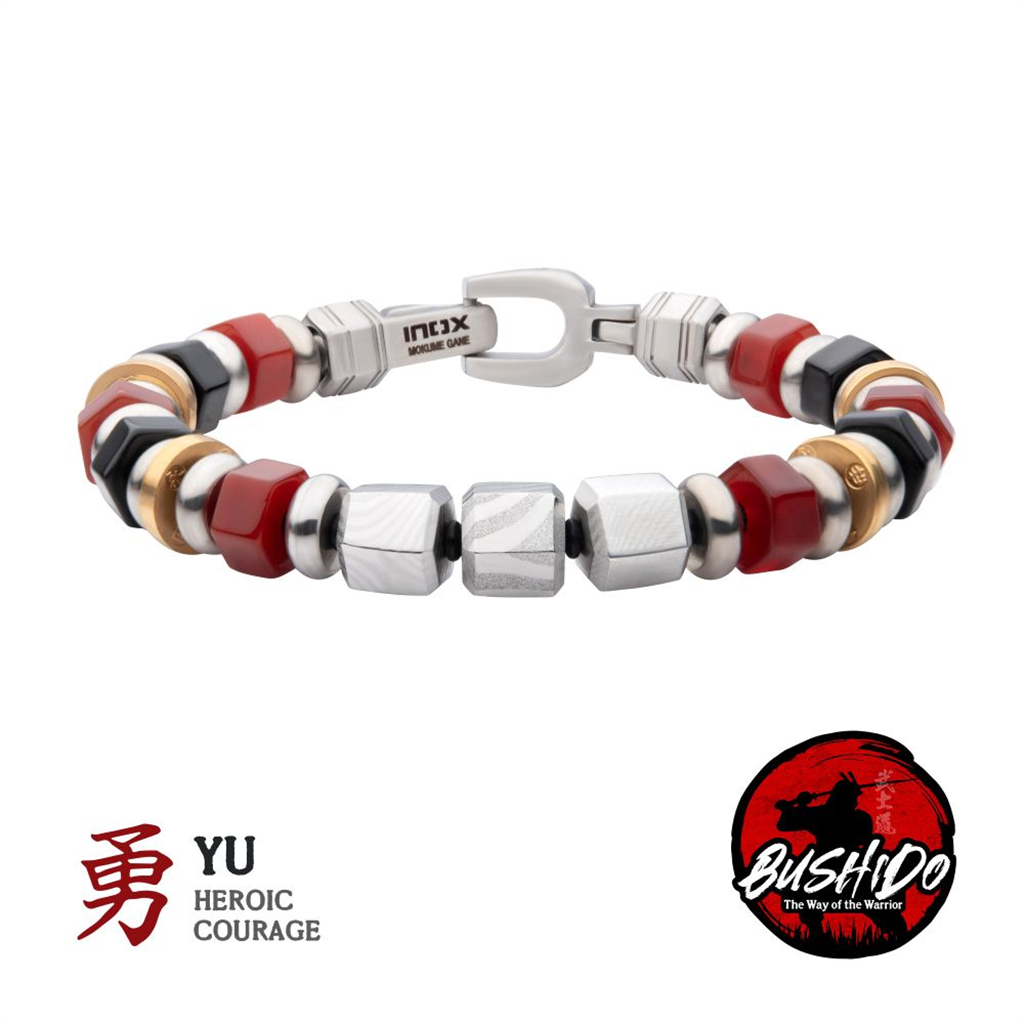 Mens Mokume Gane, Red Agate and Onxy Bead Bracelet