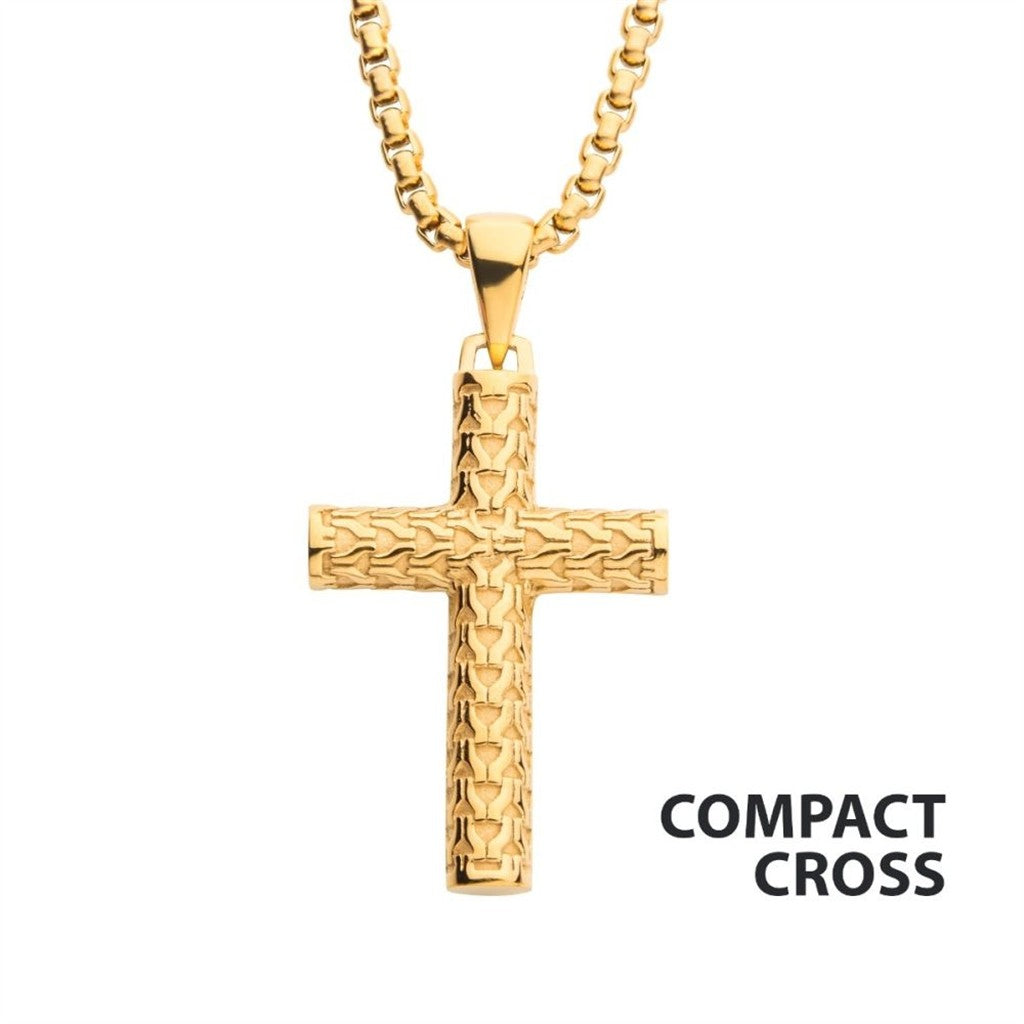 Inox Polished 18Kt Gold IP Scale Cross Drop Pendant with Bold Box Chain