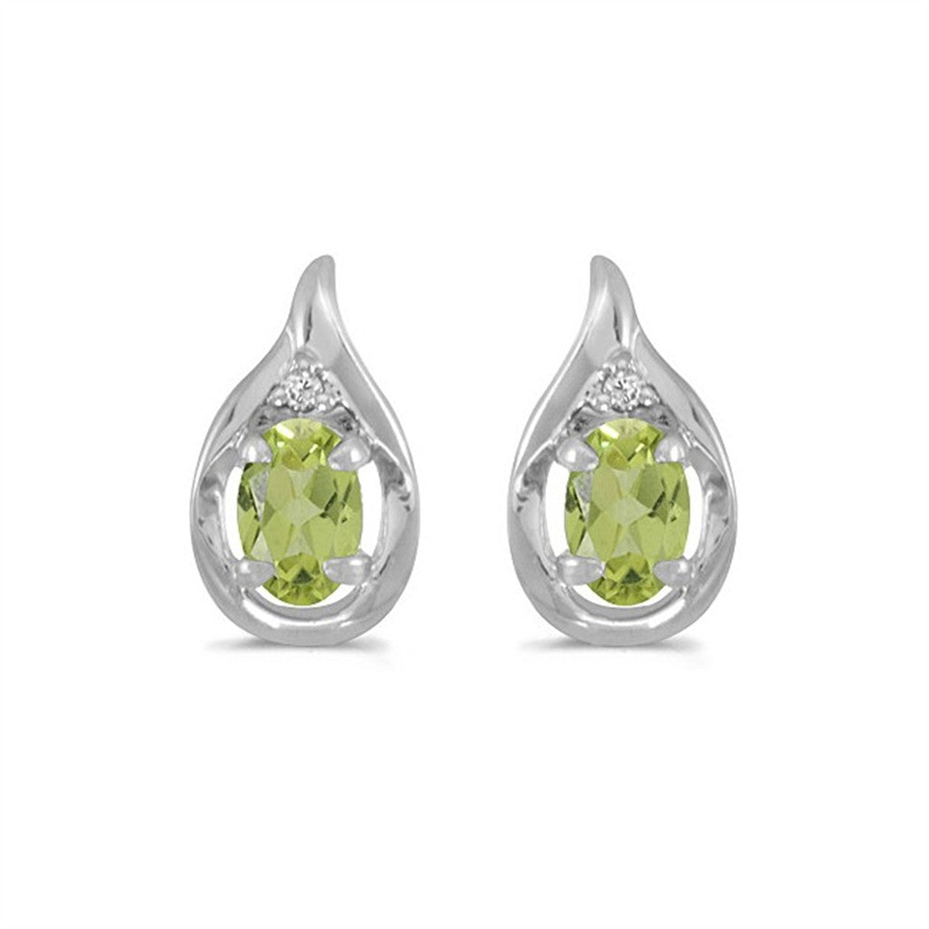 14k White Gold Oval Peridot And Diamond Earrings
