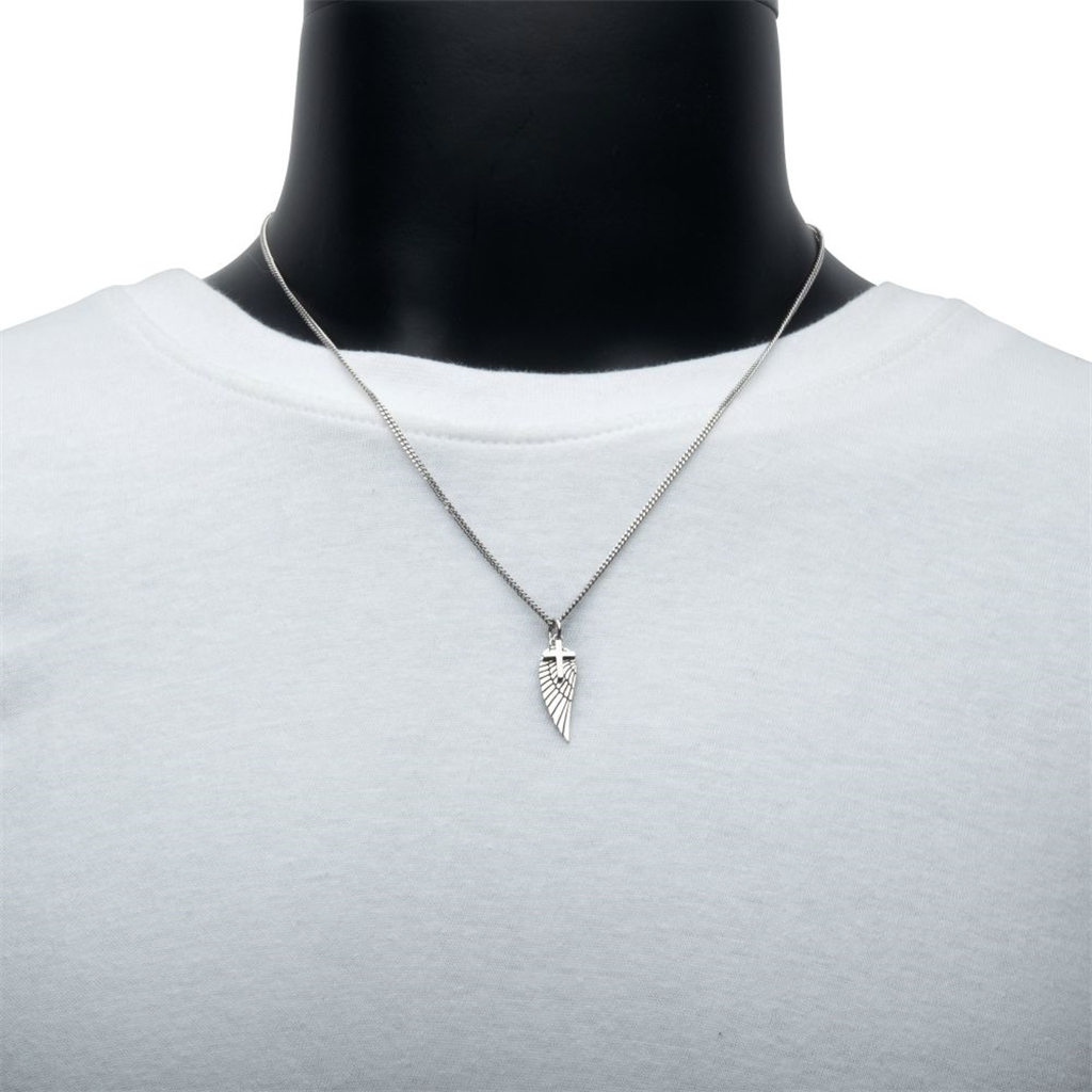 Mens Sterling Silver Wing and Cross Duo Pendant Necklace 20/22"
