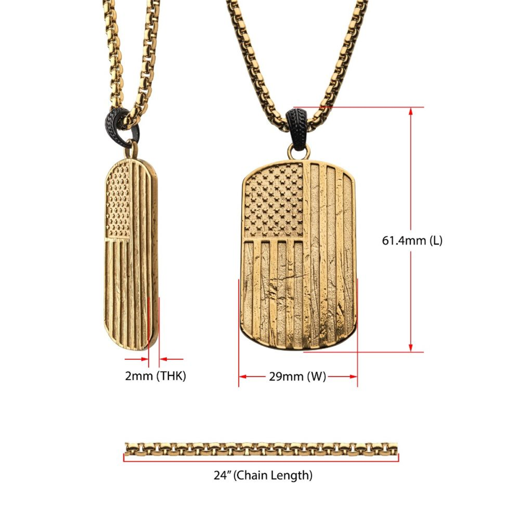 Mens 18k Gold IP American Flag Pendant Necklace