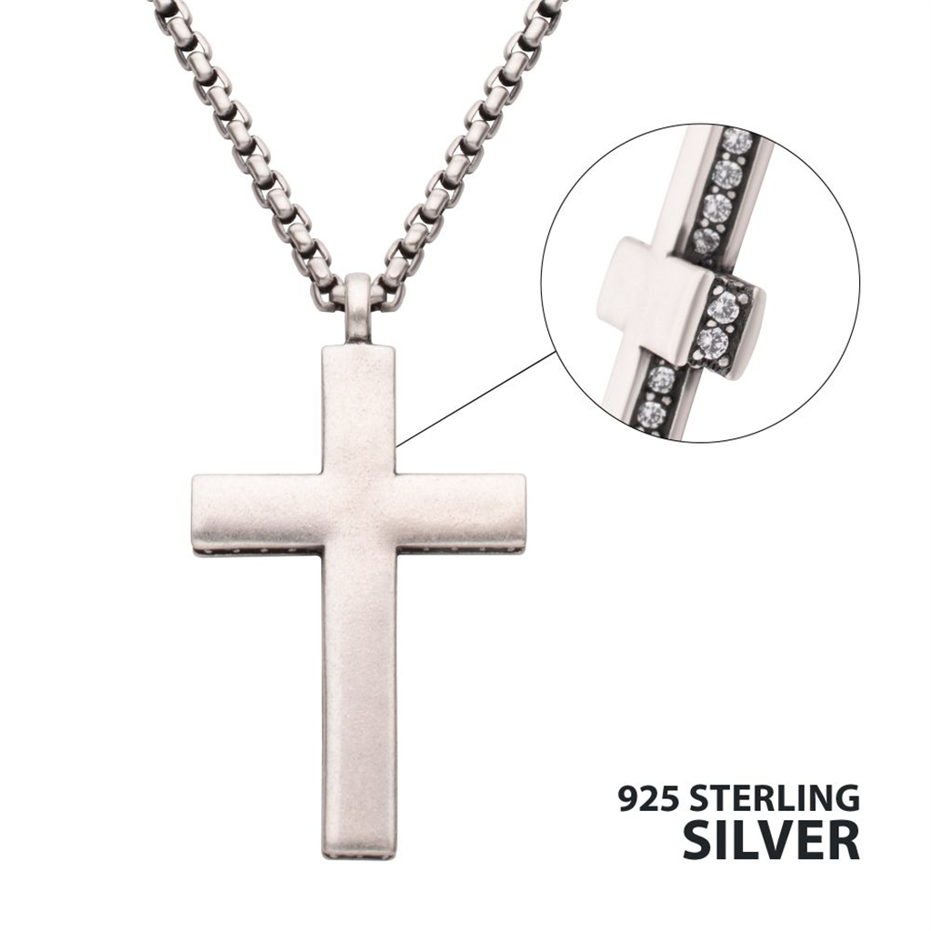 Mens Sterling Silver Side Gem Cross Pendant w/Chain