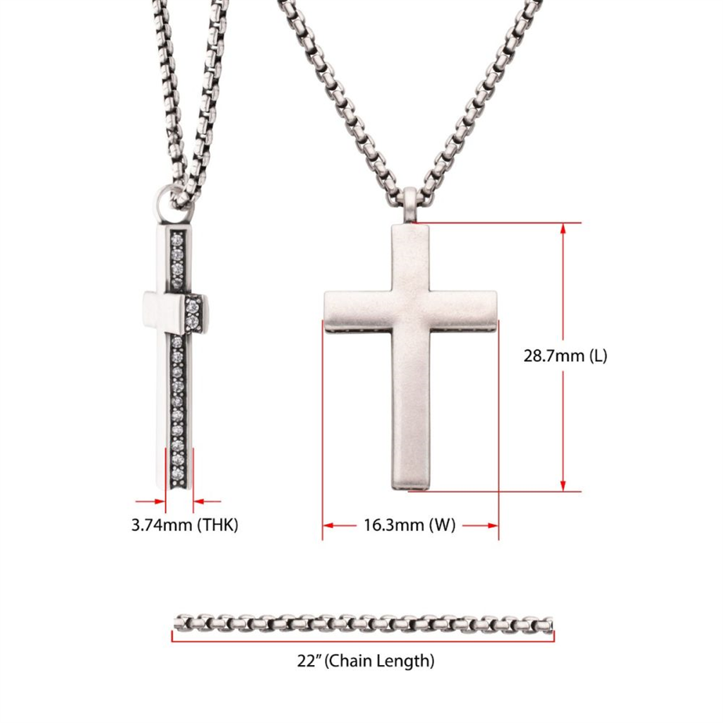 Mens Sterling Silver Side Gem Cross Pendant w/Chain